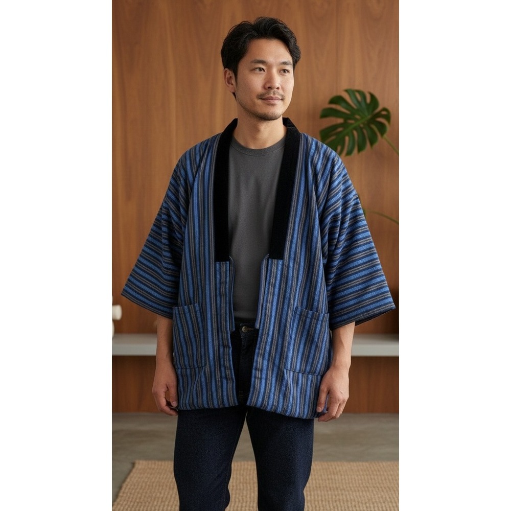 Vtg Manten Japanese Striped Kimono Jacket Open Front Blue Black Velour Size XL?